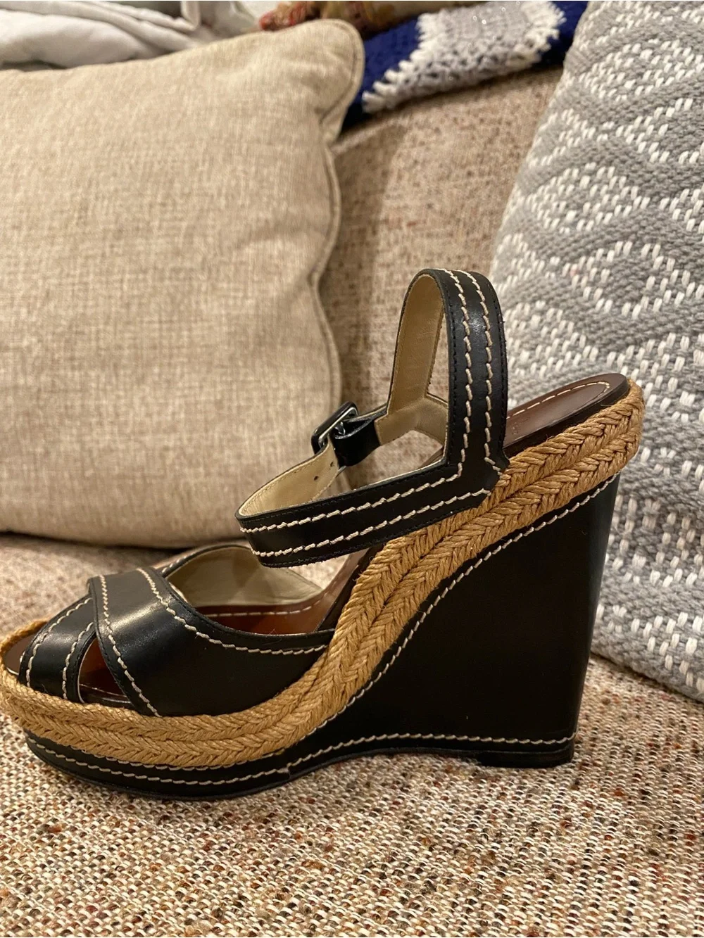 Christian Louboutin Black Leather Espadrille Platform Wedge Sandals
